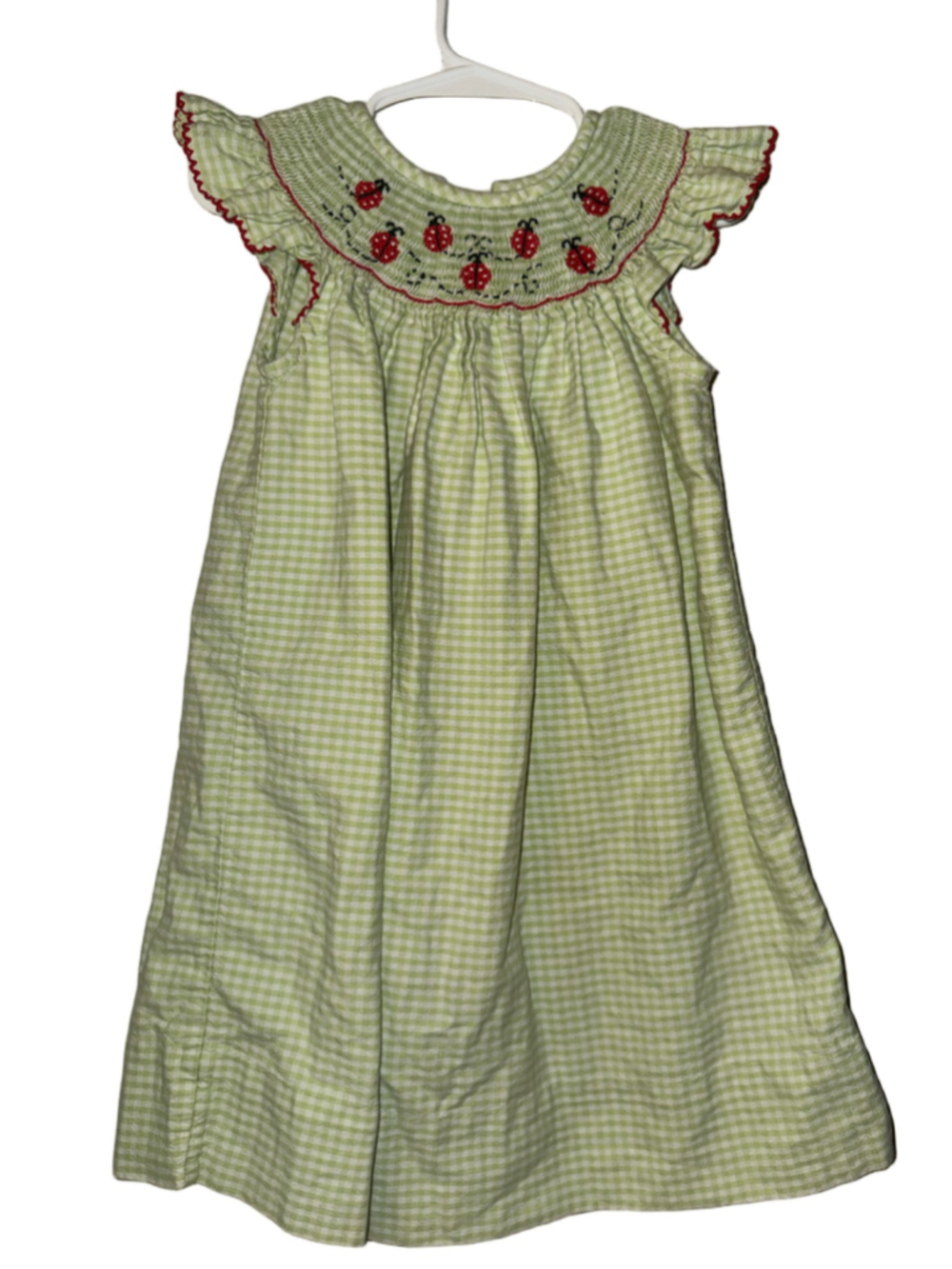 Girls Unbranded Smocked Ladybug Gingham Dress Green Red Size 2T